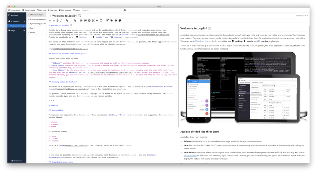 Interface de Joplin, un logiciel open source de prise de notes et listes de tâches