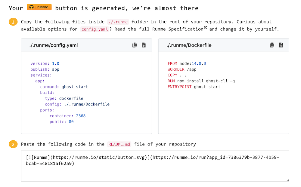 Capture d'écran de l'outil de configuration de RunMe pour l'intégration avec Github