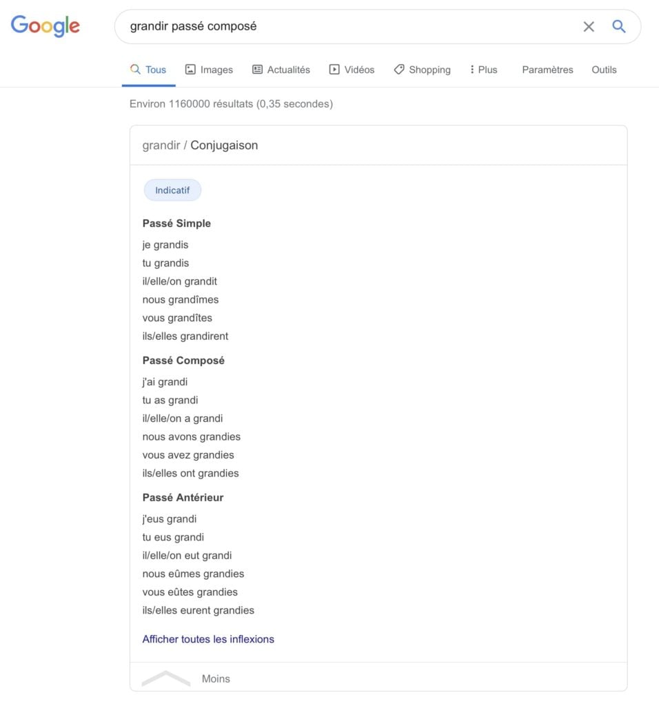 Capture d'écran montrant un exemple de recherche sur Google avec une conjugaison incorrecte