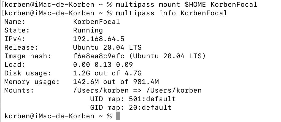 Capture d'écran d'une machine virtuelle Ubuntu fonctionnant sur Multipass