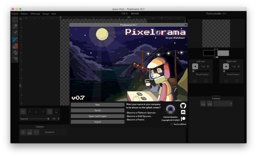 Capture d'écran du logiciel de Pixel Art avec l'outil de dessin de sprites en action