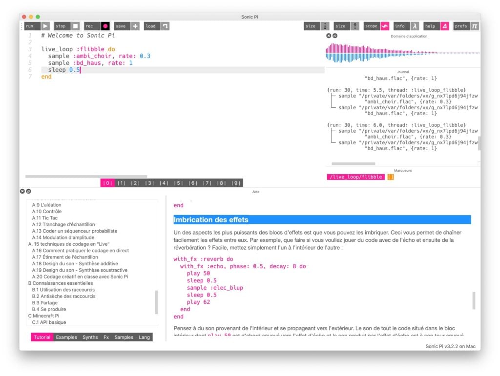Capture d'écran du logiciel Sonic Pi affichant du code musical