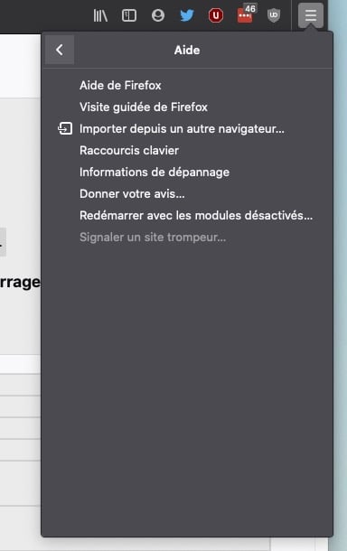 Capture d'écran de l'interface utilisateur de Firefox montrant la page d'accueil