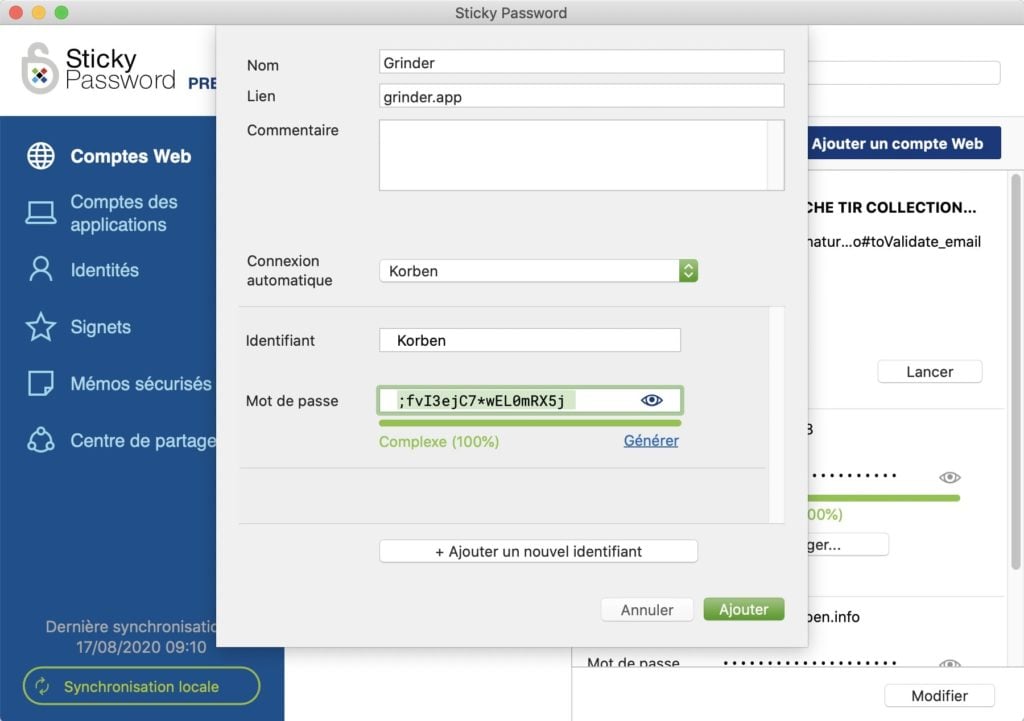 Capture d'écran de l'interface de Sticky Password montrant les options de sécurité avancées