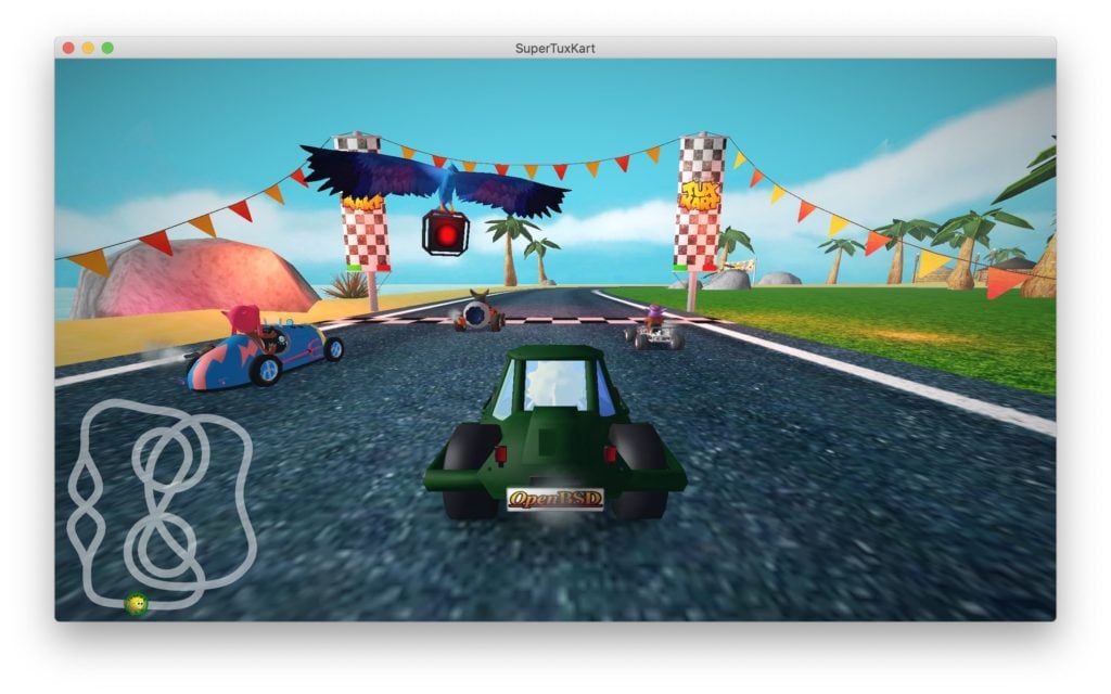 Capture d'écran du jeu SuperTuxKart montrant une course avec des personnages animaux