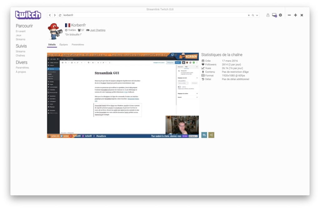Capture d'écran de l'interface utilisateur de Streamlink Twitch GUI affichant la liste des chaînes en direct