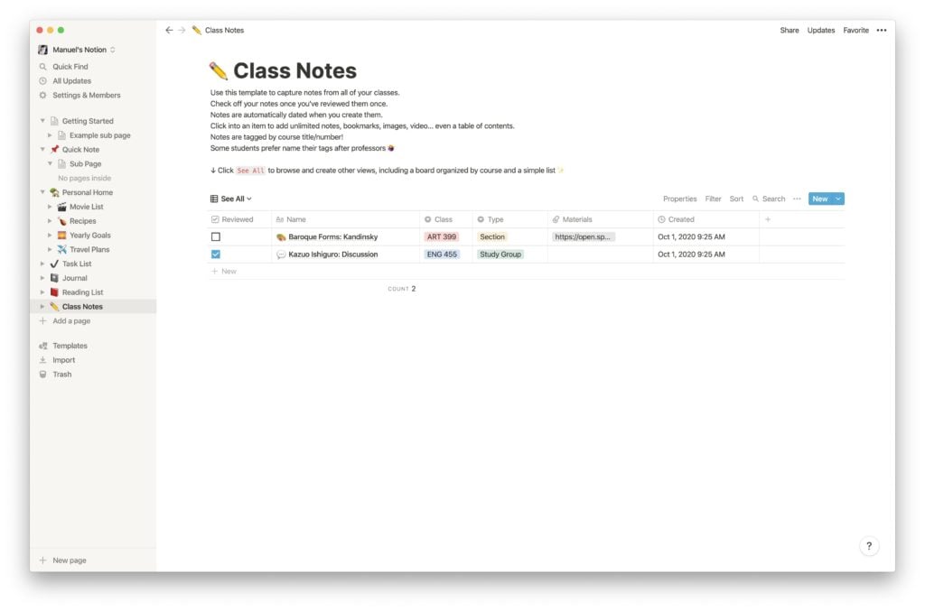 Capture d'écran de la page d'accueil de Notion avec une liste de tâches et des notes