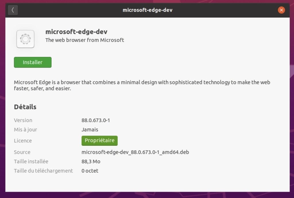 Capture d'écran de Microsoft Edge fonctionnant sous Linux
