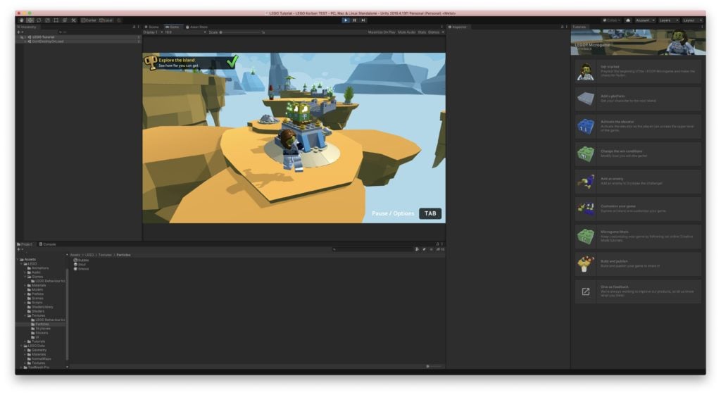 Capture d'écran de l'interface de Unity 3D affichant la création de niveaux pour un jeu LEGO