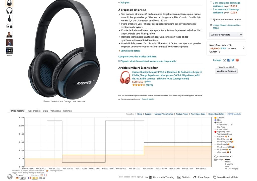 Capture d'écran de l'interface de Keepa pour suivre les prix sur Amazon