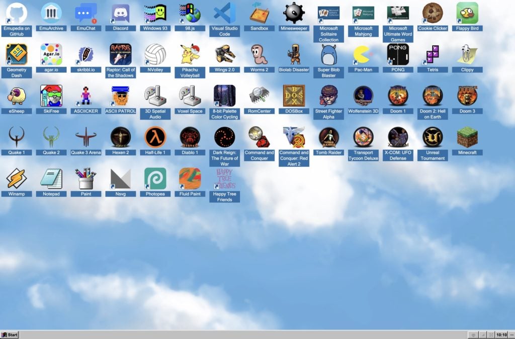 Capture d'écran du site web d'EmuOS présentant une sélection de vieux logiciels