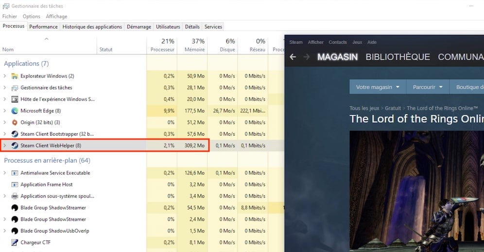 Capture d'écran de l'interface utilisateur de Steam avec des paramètres de réduction de la consommation de RAM