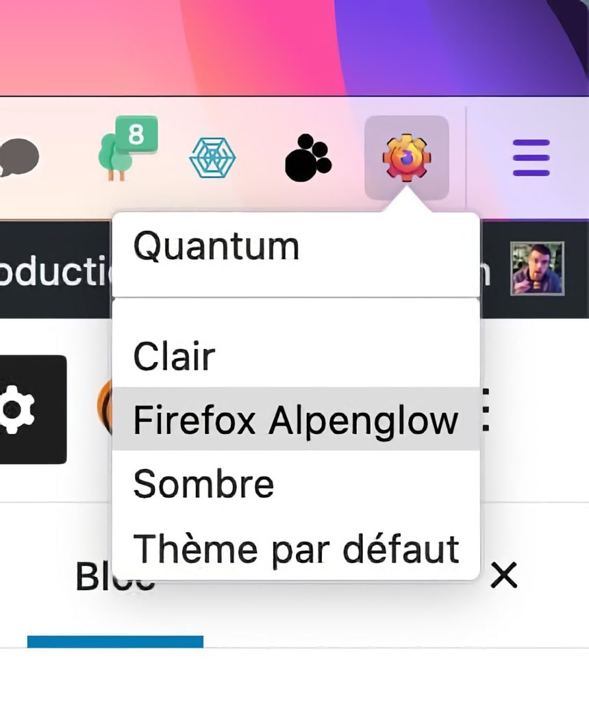Capture d'écran de l'extension Thematic pour Firefox