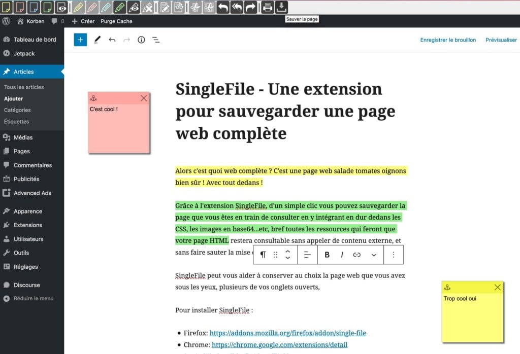 Capture d'écran de l'interface utilisateur de SingleFile