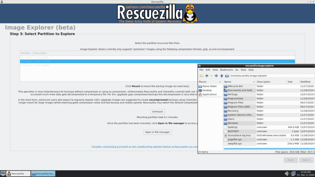 Photo d'écran de Rescuezilla : choix des partitions à restaurer