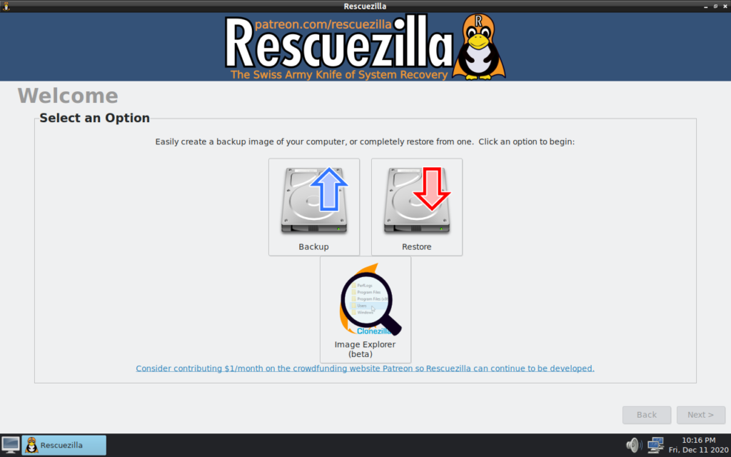 Capture d'écran de Rescuezilla : fenêtre principale