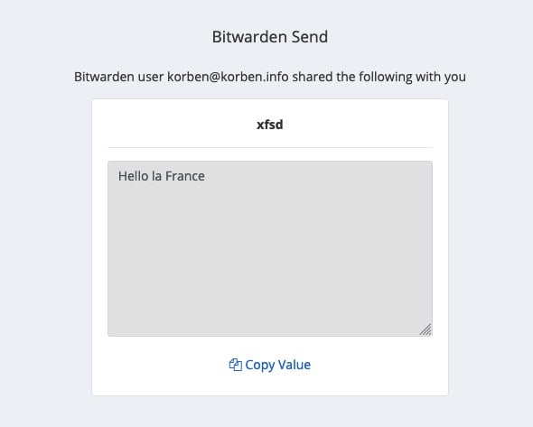 Capture d'écran de l'interface Bitwarden Send avec un fichier chiffré