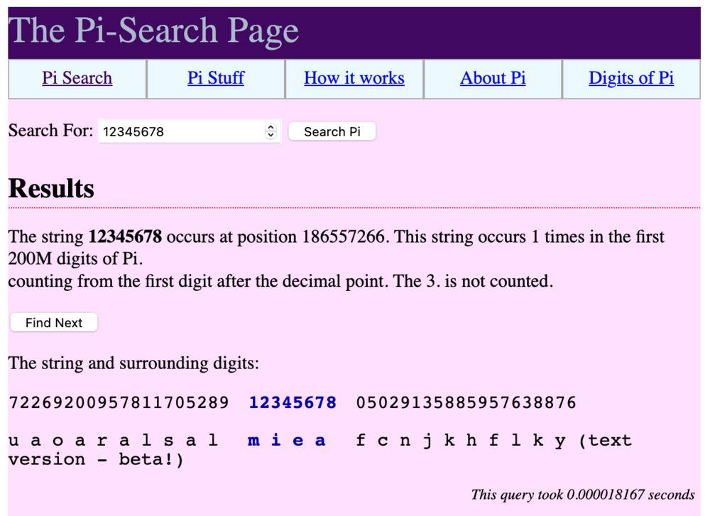Page de recherche dans le nombre Pi