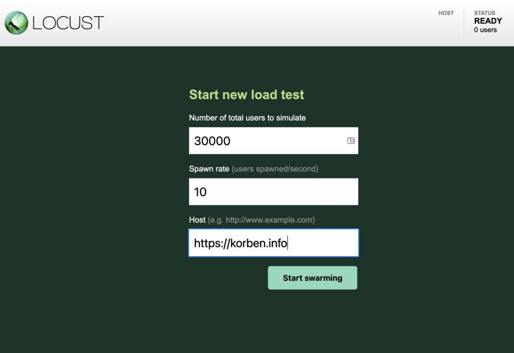 Capture d'écran d'une interface graphique montrant les résultats de tests de charge avec Locust