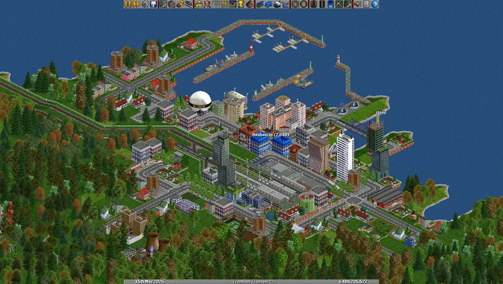 Capture d'écran du jeu Open Transport Tycoon Deluxe montrant une ville en construction