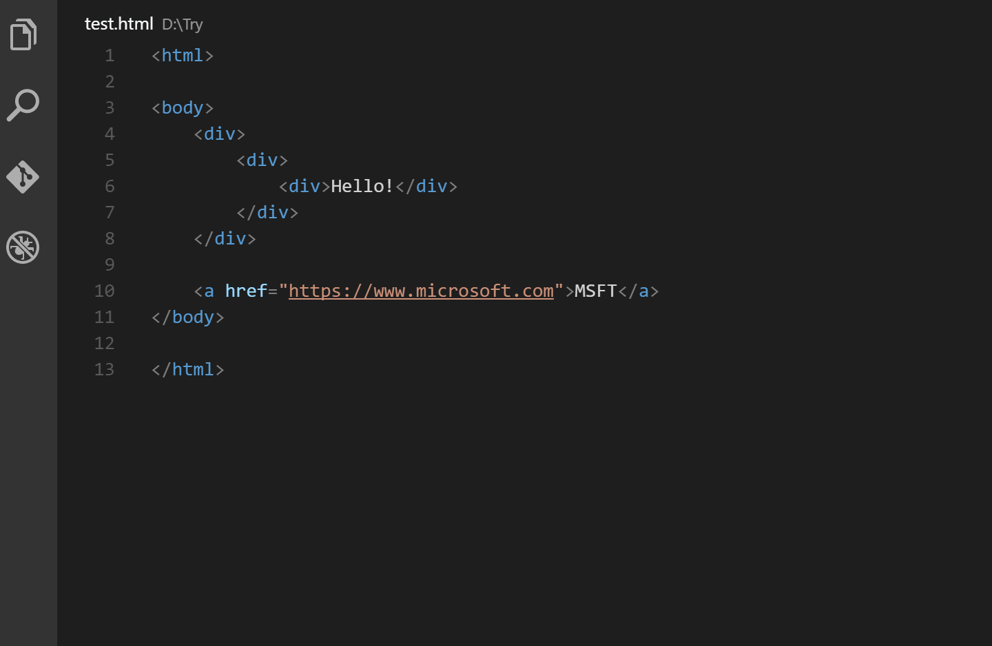 Code HTML avec des balises en surbrillance dans Visual Studio Code