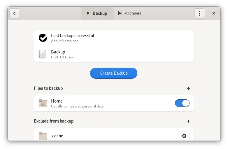Capture d'écran de l'interface graphique de Pika Backup pour la sauvegarde de fichiers sous Linux
