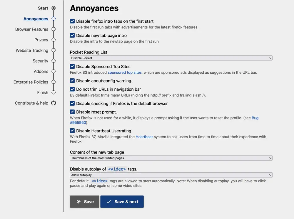 Capture d'écran du menu d'options de Firefox pour la personnalisation
