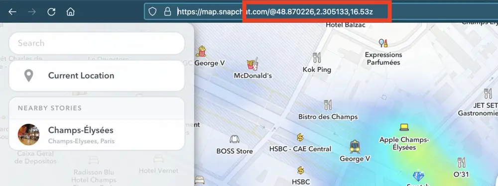 Capture d'écran de l'application Snapchat montrant comment trouver l'endroit précis à partir duquel télécharger toutes les stories