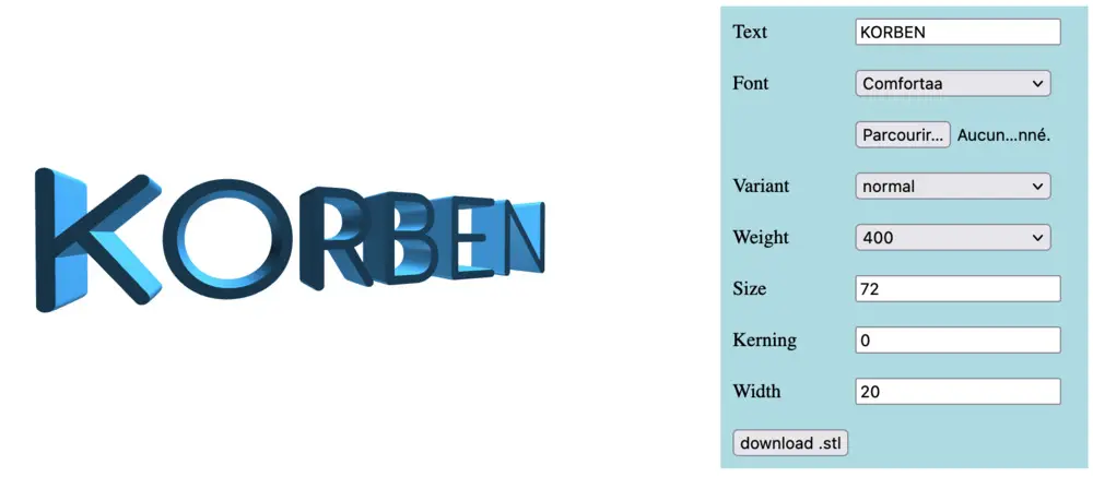 Capture d'écran du logiciel de conversion de texte en STL