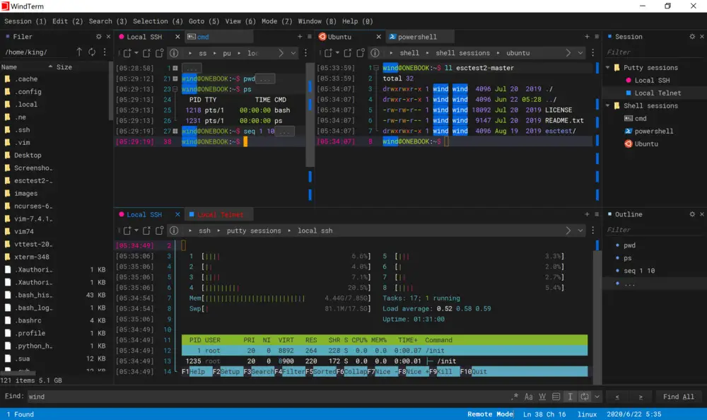 Capture d'écran de l'interface utilisateur de WindTerm montrant des commandes SSH en cours d'exécution