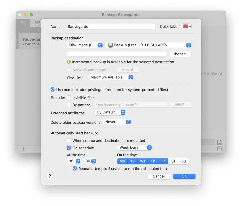 Capture d'écran d'une fenêtre de configuration de sécurité sur Mac