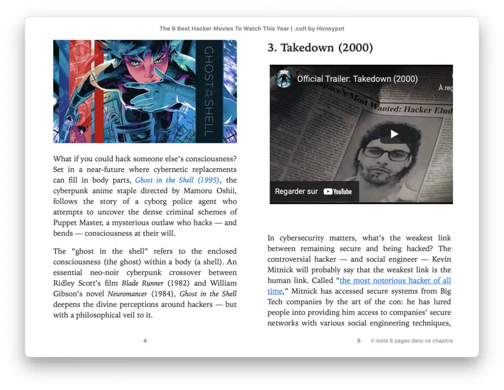 Capture d'écran d'un logiciel de conversion de page web en ebook