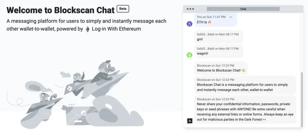 Capture d'écran de la page d'accueil de Blockscan avec le chat d'Etherscan