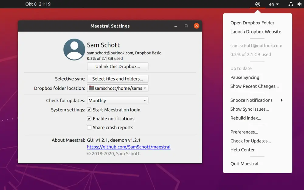 Capture d'écran du client open source pour Dropbox