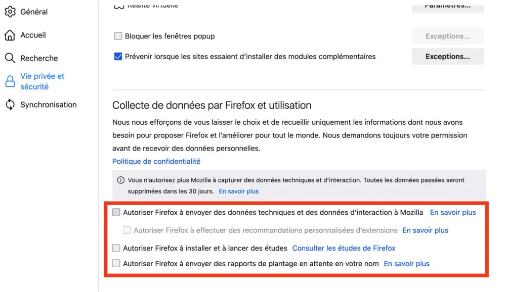 Capture d'écran du message d'erreur affiché par Firefox