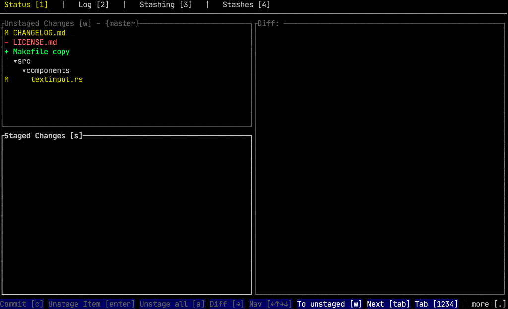 Capture d'écran de l'interface GitUI dans le terminal