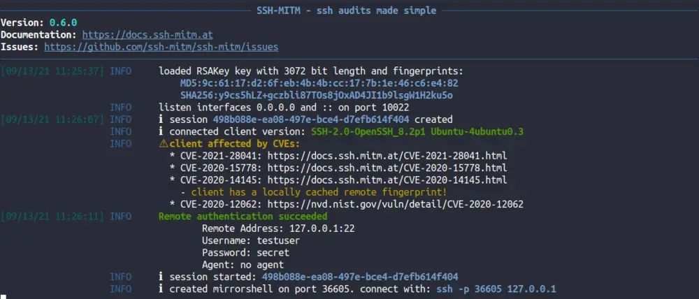 Capture d'écran de l'interface de SSH-MITM
