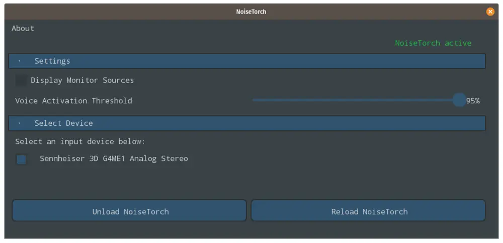 Capture d'écran du logiciel NoiseTorch en action sur un système Linux