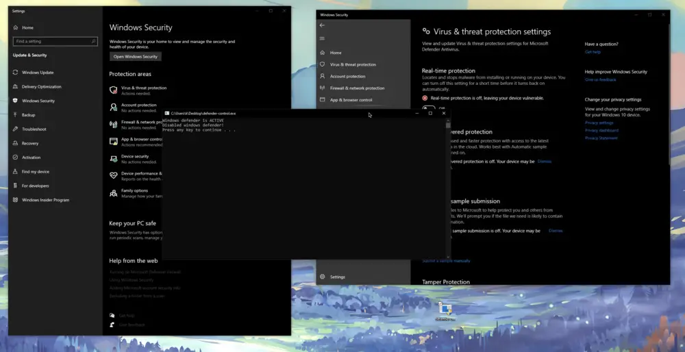 Capture d'écran de la fenêtre de paramètres Windows Defender