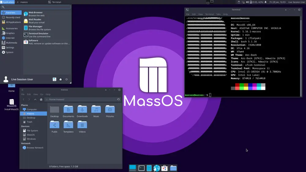 Capture d'écran de l'interface utilisateur de MassOS montrant la barre des tâches et le menu Démarrer.