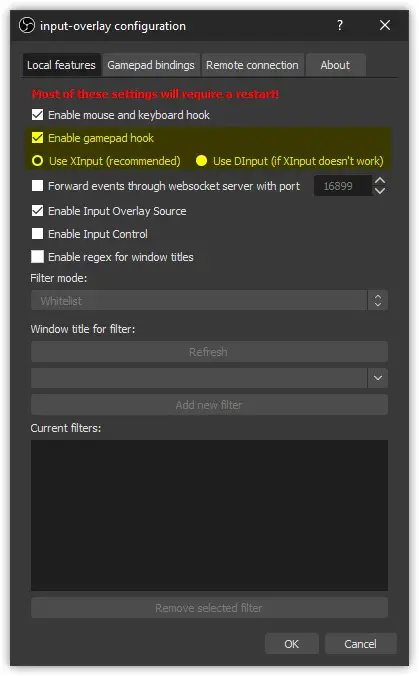 Capture d'écran de l'interface OBS montrant les options de configuration des entrées clavier, souris et gamepad