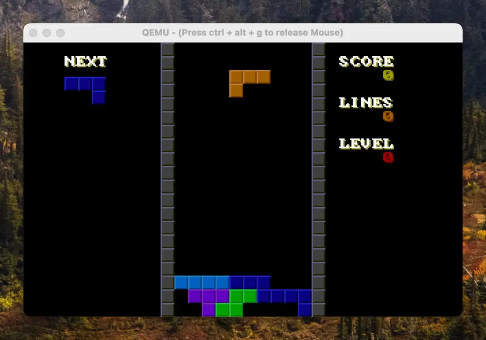 Capture d'écran de Tetris OS, montrant une interface utilisateur minimaliste et élégante