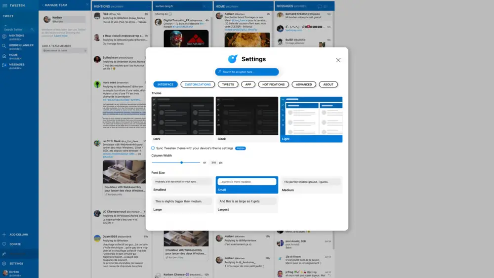 Interface utilisateur de Tweeten - Le client Tweetdeck alternatif