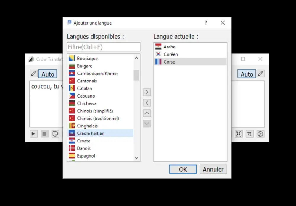 Capture d'écran de l'interface de Crow Translate sur Linux