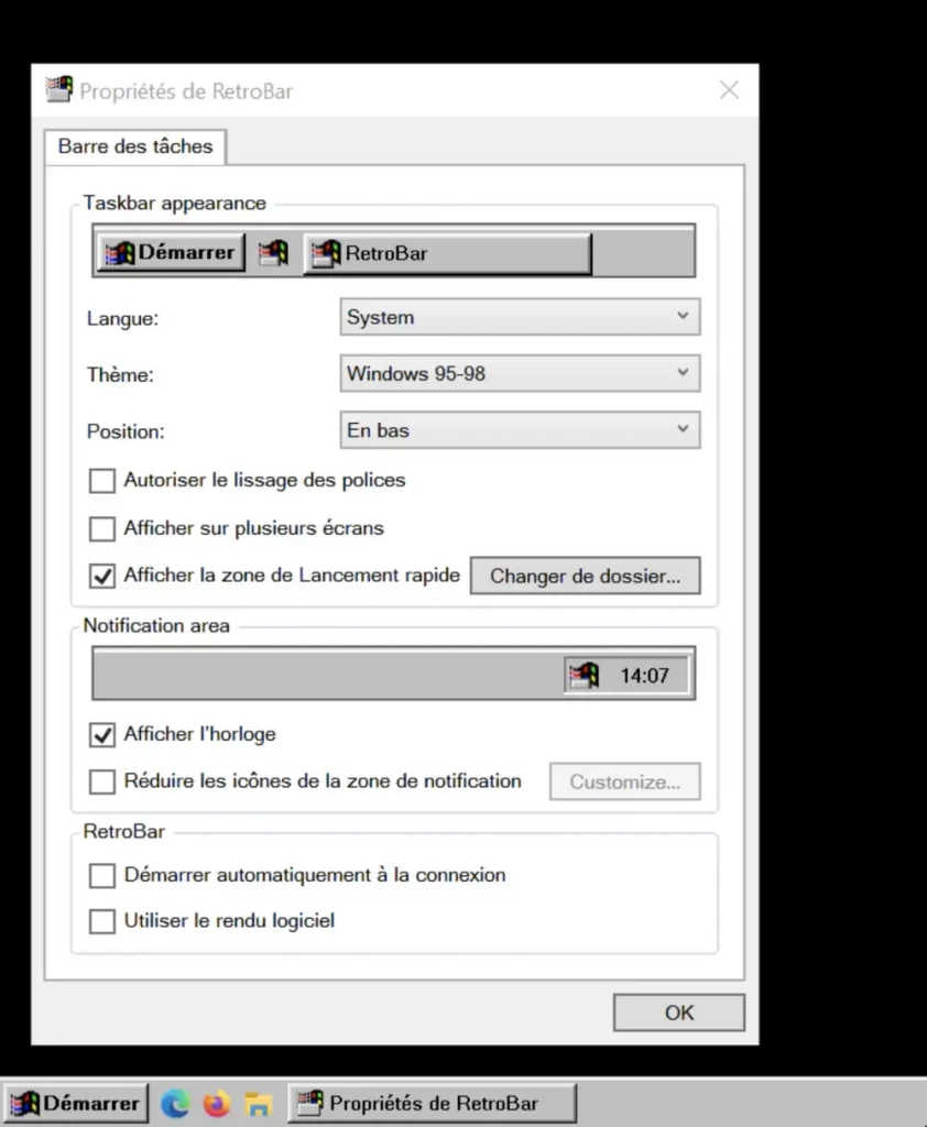 Capture d'écran d'un ordinateur avec la barre des tâches de Windows 98