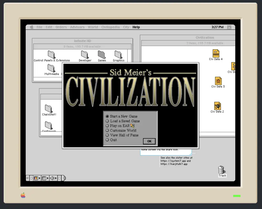 Capture d'écran de Mac OS 8.1 avec le bureau et les icônes du système