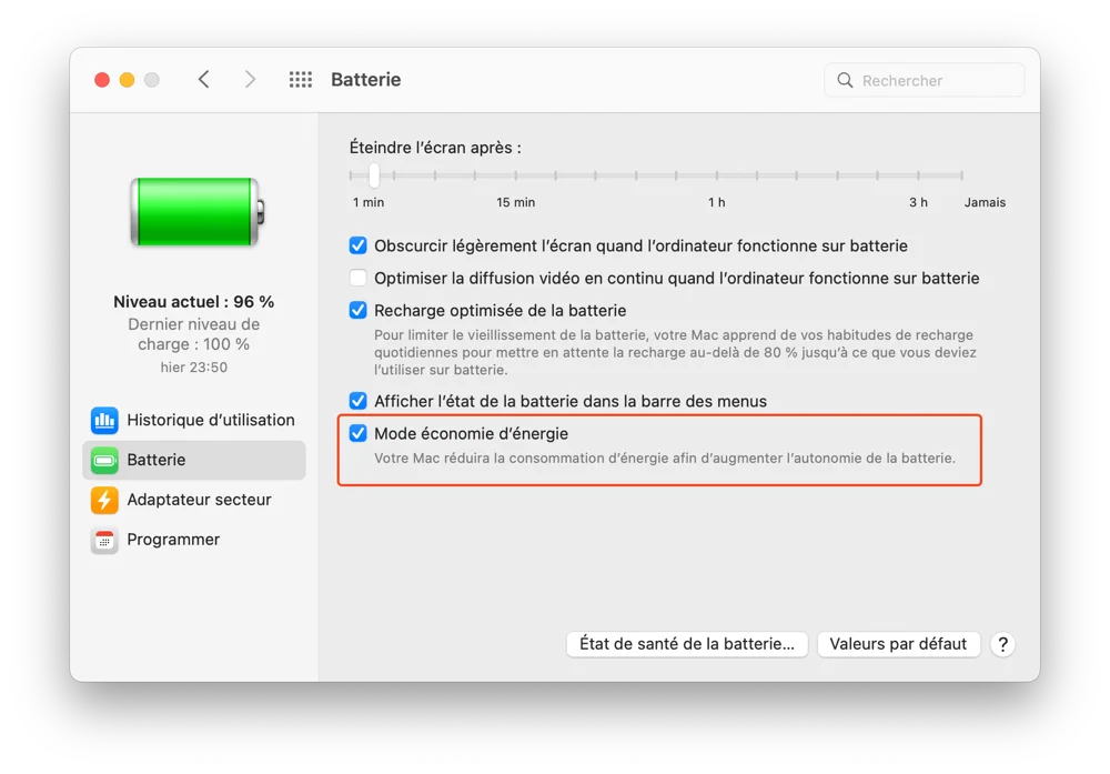 Capture d'écran de l'icône du mode économie d'énergie sur un MacBook