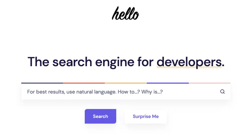 Capture d'écran de la page d'accueil de Hello - Le moteur de recherche préféré des développeurs
