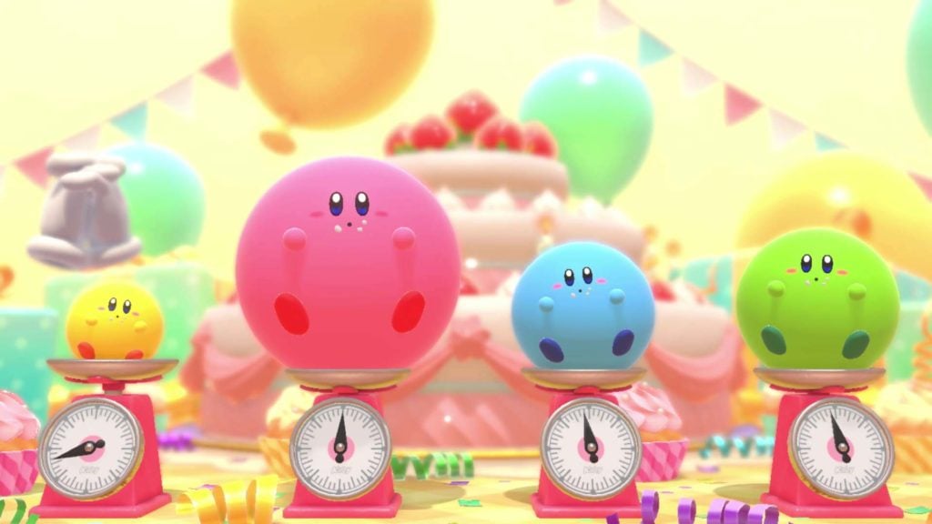 Kirby dévorant un buffet de nourriture avec appétit